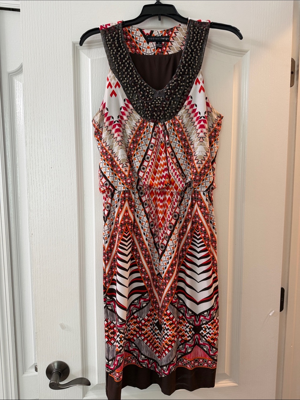 madison leigh Beaded-Neck Sleeveless Midi Dress in Orange, Pink, Brown